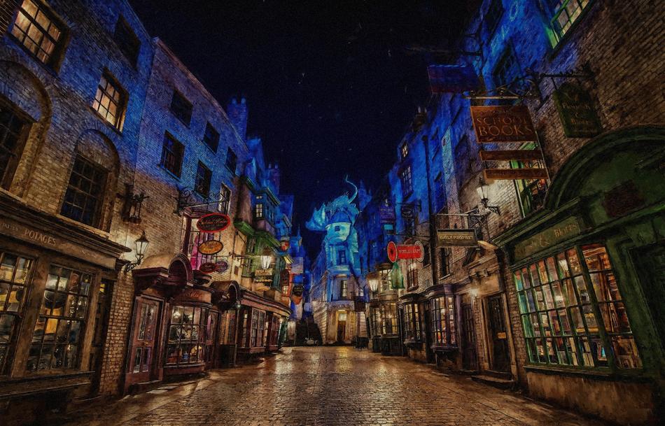 computer generated image of the street from the movie Harry Potter