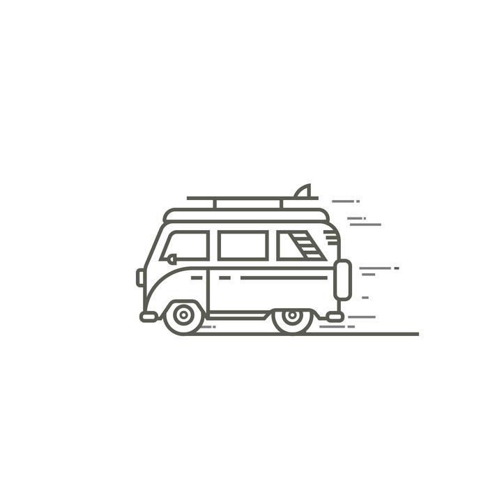 Beautiful, black and white drawing of the Volkswagen car in movement, clipart