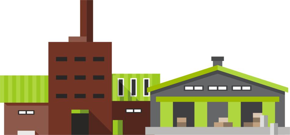 Brown and green factory near the gray and green warehouse, at white background, on clipart
