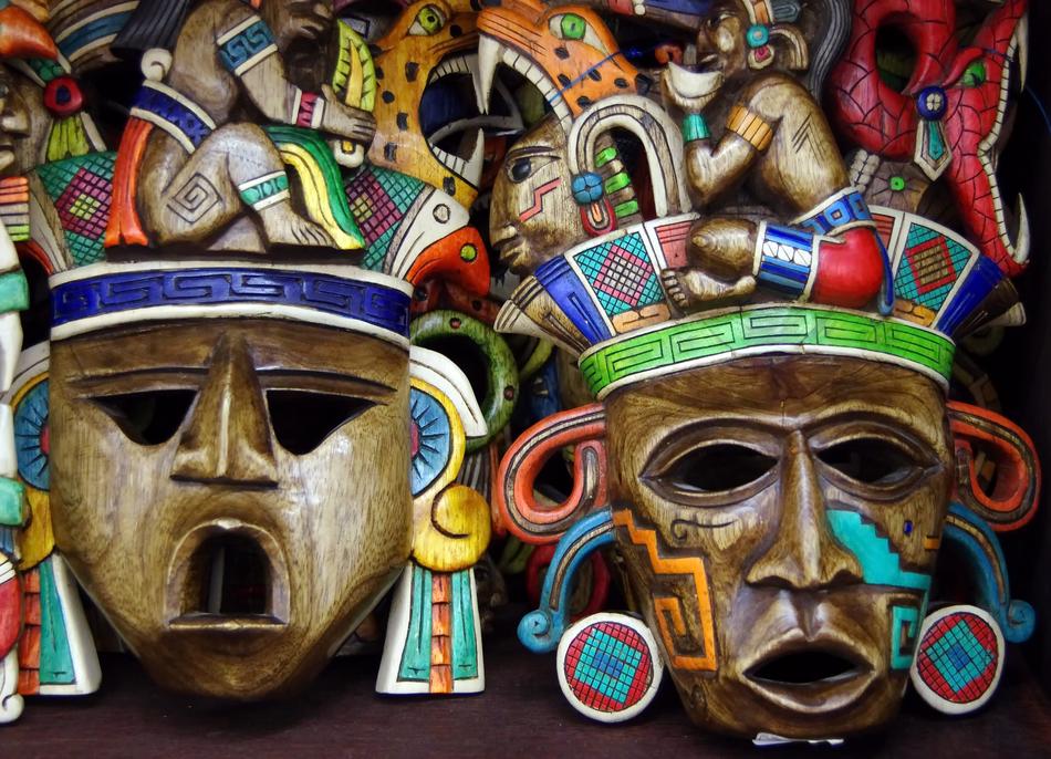Beautiful and colorful, patterned Maya masks in Mexico