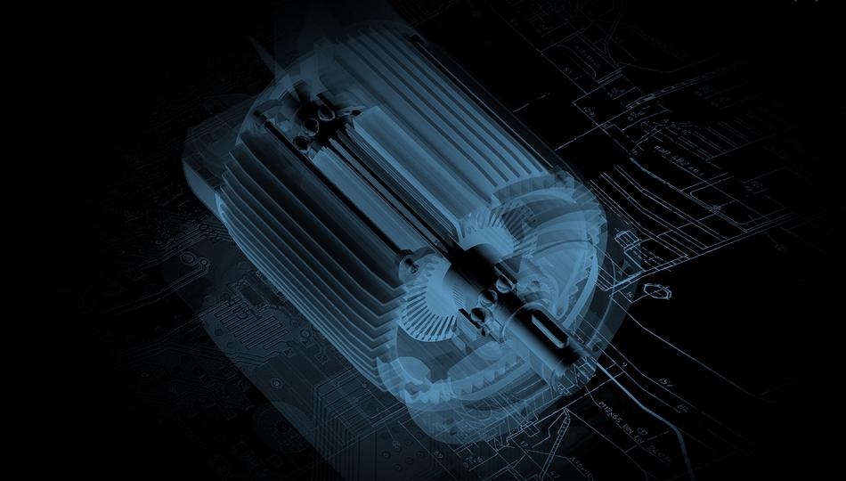 Blue model of the motor, with the details, at black background, clipart