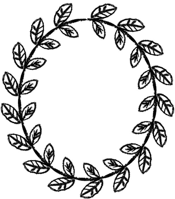 oval frame, vine with leaves, drawing