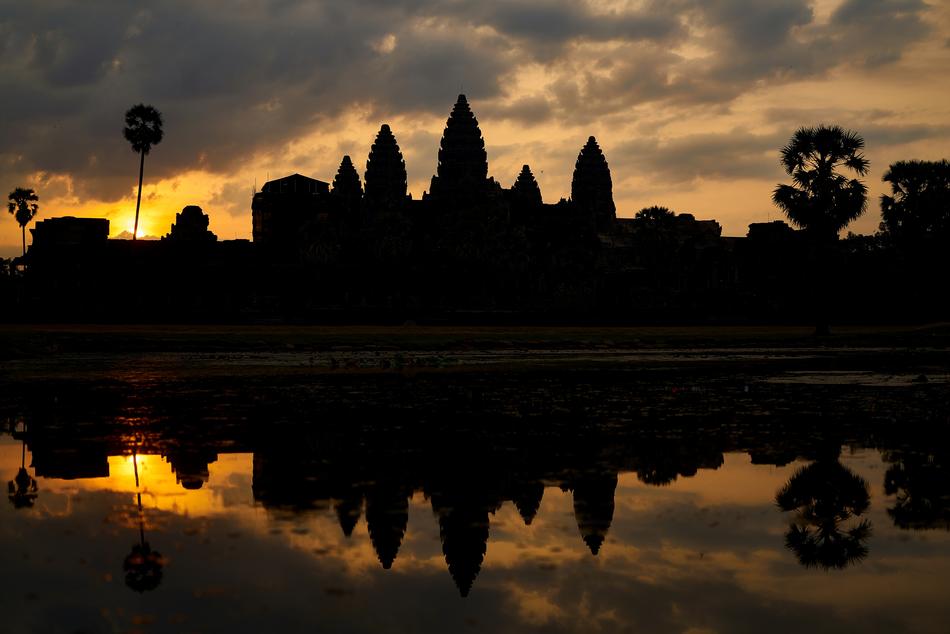 Reflection of dark Building at sunset