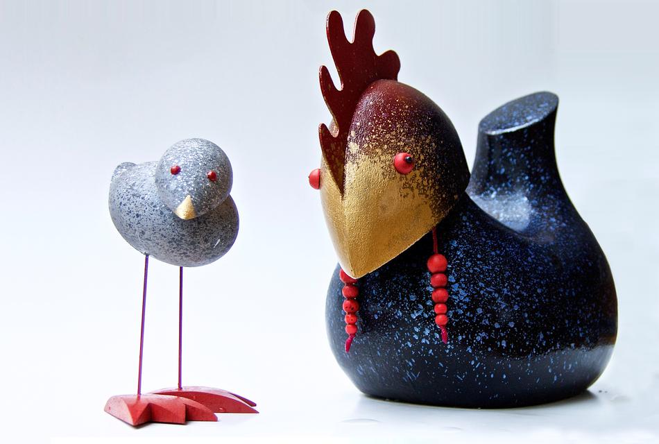 Colorful and beautiful figures of the wader and chicken, on the white surface