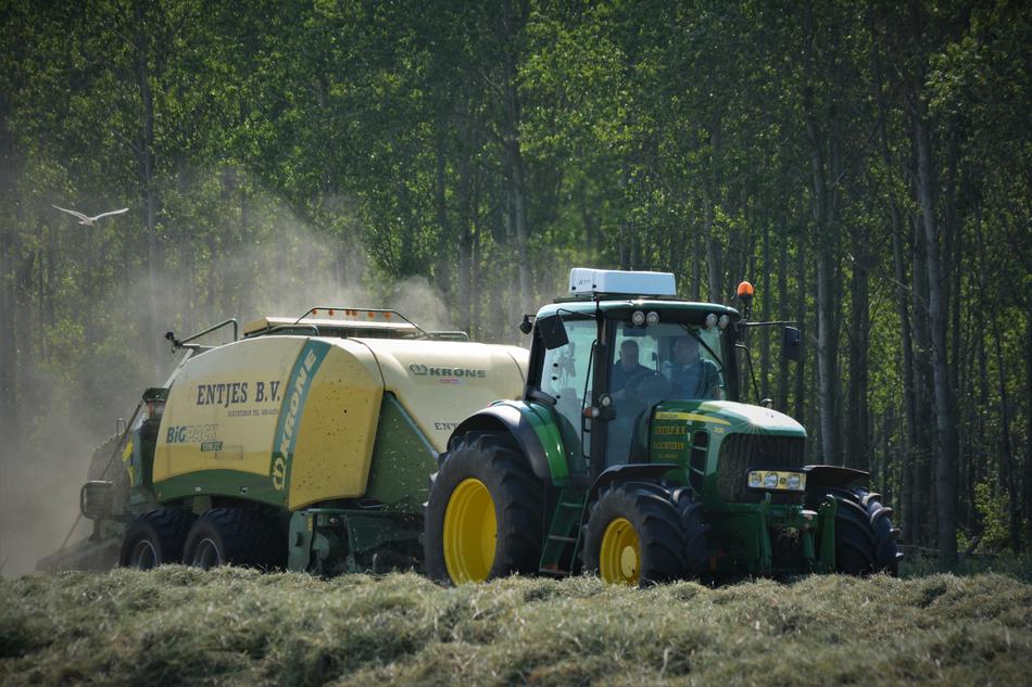 a tractor with a tug collects hay for livestock feed from the field