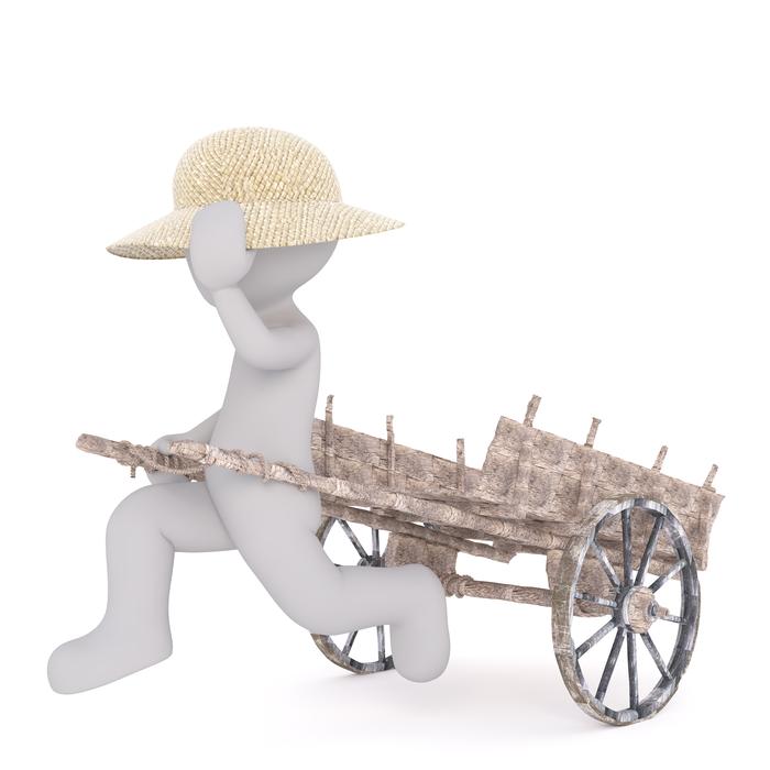 stick man with wooden cart