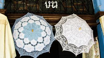 Beautiful and colorful umbrellas with the embroidery, in Lefkara, Cyprus, Greece