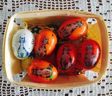 Colorful and beautiful, patterned Easter eggs in the basket, on the white cloth