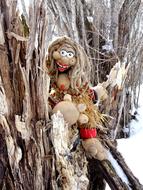 the doll sits on a dry tree