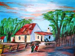 painting art work house red roof
