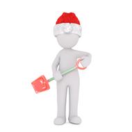 painted white man in a christmas hat with a shovel