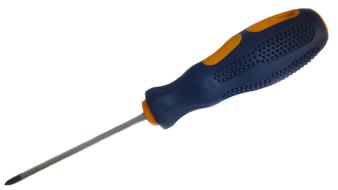 Screwdriver with blue and orange handle at white background