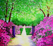 Beautiful and colorful drawing with the pink and purple rhododendron flowers and green trees