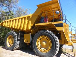Yellow truck, with the big wheels, in sunlight, near the green plants, under the blue sky