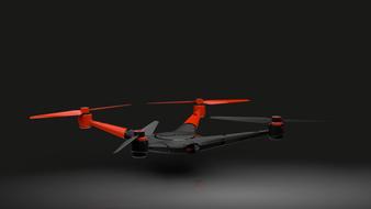 3d model of the red and black, flying drone, at black background, clipart