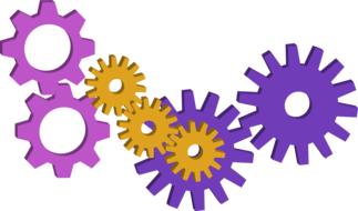 Purple, yellow and violet gears, in the mechanism, at white background, clipart