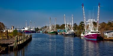 Colorful boats on the beautiful Bayou La Batre bay in Alabama, USA