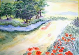 Beautiful and colorful landscape drawing with the stream, red poppy flowers and green trees