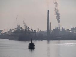 Landscape of the port, with the factory, in Muroran, Japan