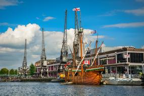 Colorful ship with Canadian flag, in the beautiful port of Bristol, England, UK