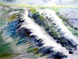 Beautiful painting of the colorful sea with waves, under the cloudy sky