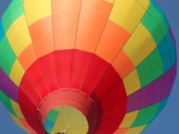 Bottom view of the beautiful and colorful hot air balloon, at blue sky on background