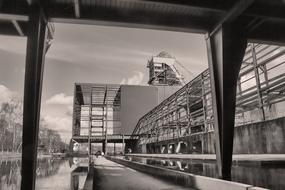 black and white, road at an industrial plant