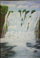 Beautiful painting of the white and blue waterfall, among the green plants