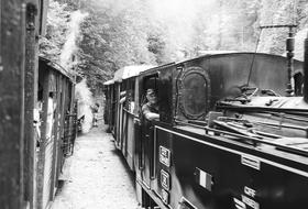 black and white photo of an old steam locomotive with wagons in romania