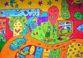 happy boy in Colorful city, fantasy, painting