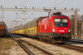 Colorful, shiny train on the railway, among the colorful trees, under the cloudy sky