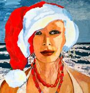 woman in santa hat as a painting acrylic