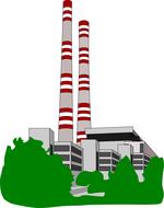 Colorful clipart with the industrial building, with the chimneys, among the green plants, clipart