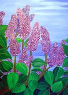 Beautiful painting of the blossoming, lilac flowers with green leaves, under the blue sky with white clouds