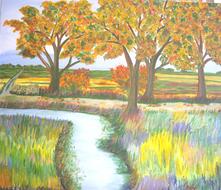 Beautiful and colorful drawing of the landscape with the stream, among the fields and trees