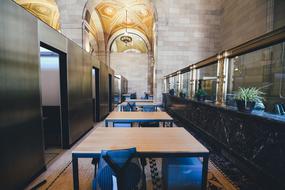 Tables and chairs, among the beautiful interior of the office with plants