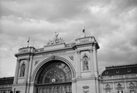 black and white, facade of a train station in Europe