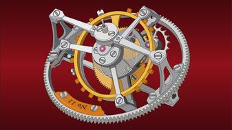 Colorful, 3d model of the Greubel Forsey clock, at red background, clipart