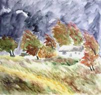 painting of trees on hill