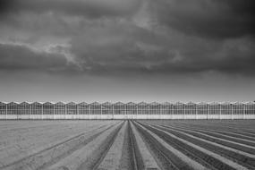 Black and white landscape of the beautiful, plowed field, under the sky with the clouds