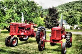 red farm tractors on green lawn