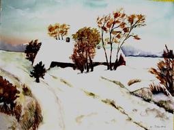 painting of farm hof trees winter