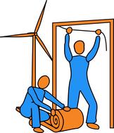 Orange and blue clipart with craftsmen near the windmill, on clipart