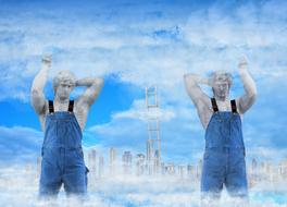 two atlants holding sky over city