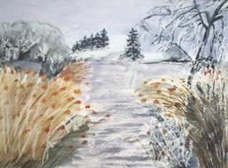 Beautiful painting with the river, among the reed and trees