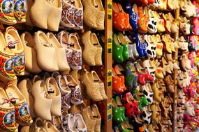 Colorful and beautiful, patterned wooden clogs for sale, in Netherlands