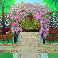Beautiful painting of the parch archway with the colorful plants with flowers