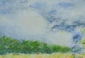 clouds over green trees, summer landscape, digital art