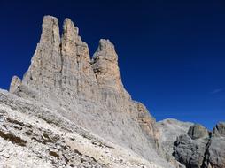Beautiful and colorful rocks of South Tyrol Dolomites at blue sky in Italy