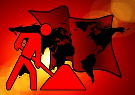 Silhouette of a digging worker, at background with colorful World Map and flag, clipart